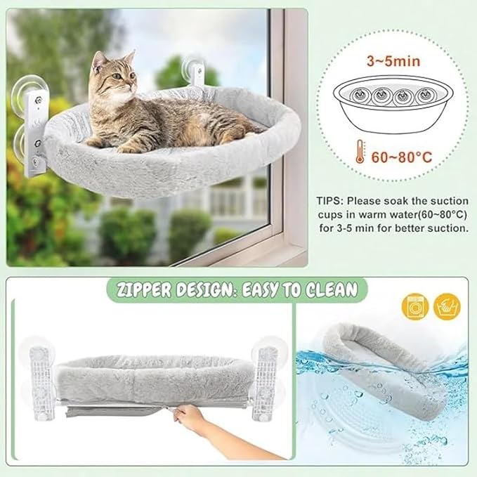 Sinai Pet Shop Cat Window Perch – Cordless Foldable Hammock with Cushion Bed, Self-Groomer with Catnip Included, Durable Metal Frame with Strong Suction Cups, Space-Saving for Large Indoor Cats