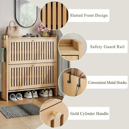 wanan 31.5" Shoe Cabinet with 2 Flip Slatted Drawers, Adjustable & Removable