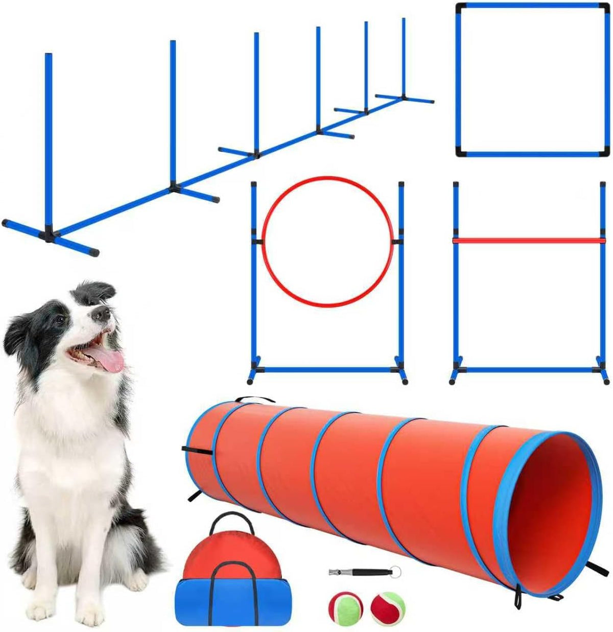 Dog Agility Equipment, Dog Agility Course Backyard Set Obstacle Course Backyard Includes Adjustable High Hurdle,6 Weave Poles,Extended Tunnel,Jump Ring,Square Pause Box,2 Balls,Whistle,2 Carrying Bags
