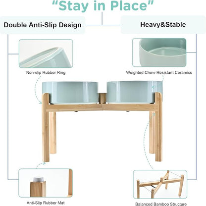 SPUNKYJUNKY Elevated Dog Bowls Ceramic, 8.3'' Dogs Food Water Bowls Raised with Non-Slip Bamboo Stand for Large Sized Breed Microwave Dishwasher Safe - 60 OZ,Light Green