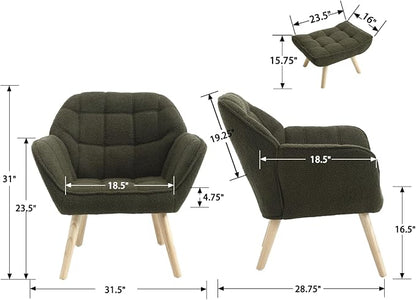 QUINJAY Modern Sherpa Accent Chair with Ottoman Set of 2, Fluffy Upholstered Lounge Chair with Footrest, Comfy Living Room Side Boucle Armchair for Small Space Bedroom, Green