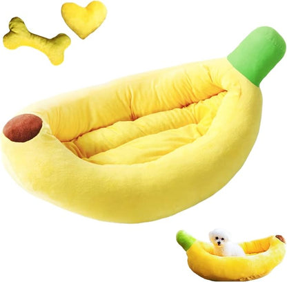 Banana Pet Bed for Small Dogs and Cats, Cozy Enclosed Calming Cave Bed with Removable Plush Cushion for Indoor Kittens Puppies Small Pets (Banana Bed + Bone Toy, Medium)