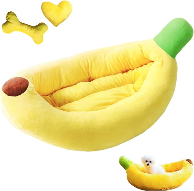 Banana Pet Bed for Small Dogs and Cats, Cozy Enclosed Calming Cave Bed with Removable Plush Cushion for Indoor Kittens Puppies Small Pets (Banana Bed + Bone Toy, Small)