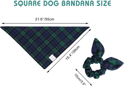 E-Clover Dog Bandanas Boy & Matching Scrunchie Set Plaid Scarf Kerchief for Small Dog Puppy Bandana Pet Owner Blue Green Fall