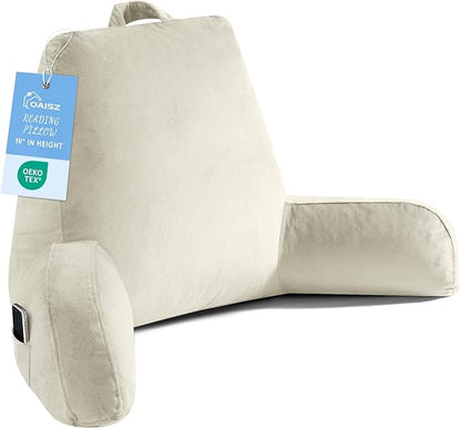 OAISZ Reading Pillow for Sitting in Bed Adult, Reading Pillow with Shredded Memory Foam, Bed Pillow with Washable Cover, Back Pillow Sitting Up with Extend Arms, Beige, X-Large