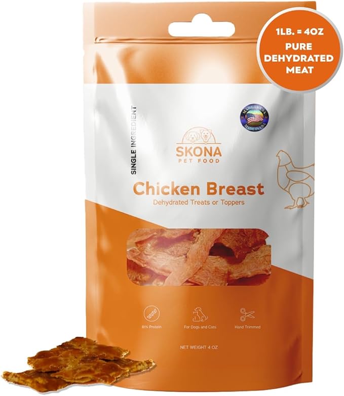 Skona PetFood Chicken Breast Jerky Dog & Cat Treats, Single-Ingredient, High Protein Training Snacks, Natural, Vitamin-Rich, USA Made, Supports Heart, Eye & Dental Health, Healthy & Tasty, 4oz