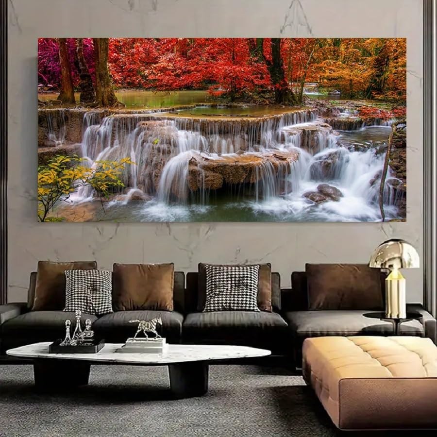 Yxbhhym Landscape Canvas Wall Art Waterfall Painting -Trees Forest Picture Prints-Fall Scenery Artwork Picture for Living Room Bedroom Home Office Wall Decor Framed -20x40inches