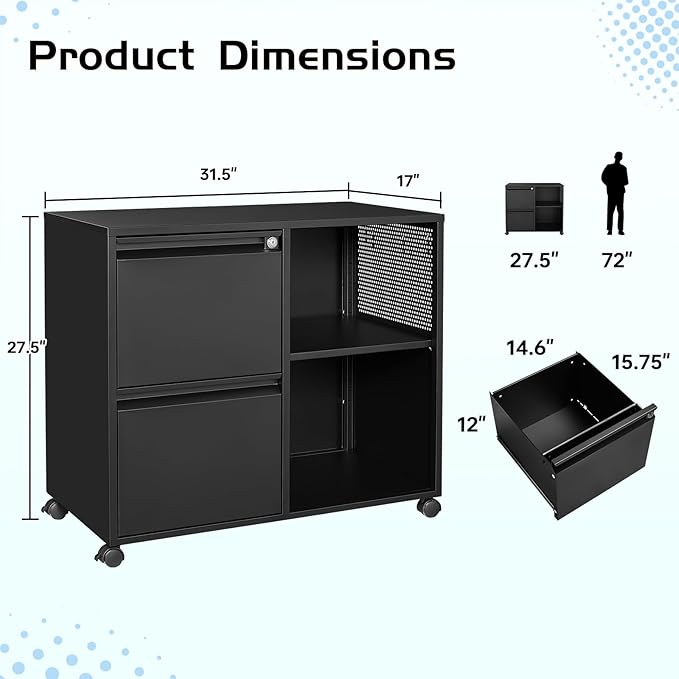 MIIIKO 2 Drawer File Cabinet on Wheels, Metal Filing Cabinets