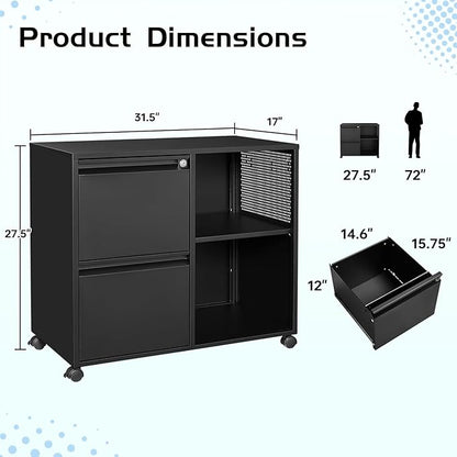 MIIIKO 2 Drawer File Cabinet on Wheels, Metal Filing Cabinets