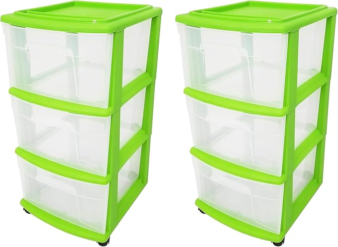 HOMZ 2-Pack Drawer Tower, 3-Tier Clear Plastic Storage Organizer Cart, Bold