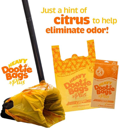 HEAVY Dootie Bags +Plus a Hint of Citrus Scent with EZ Tie Handles. For Pet Dog Poop, Cat Litter. Multi-Use. Fits Swivel Bin and Gogo Stik Scoopers. Made with Cornstarch. Strong, Leakproof, Very Large