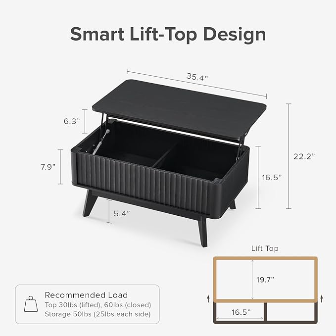 mopio Brooklyn Lift Top Coffee Table for Living Room, Mid Century, Modern Farmhouse with Lifting Tabletop & Hidden Storage, Fluted Panel, Rising Pull Up Dining Table (Black Oak)