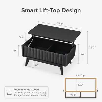 mopio Brooklyn Lift Top Coffee Table for Living Room, Mid Century, Modern Farmhouse with Lifting Tabletop & Hidden Storage, Fluted Panel, Rising Pull Up Dining Table (Black Oak)