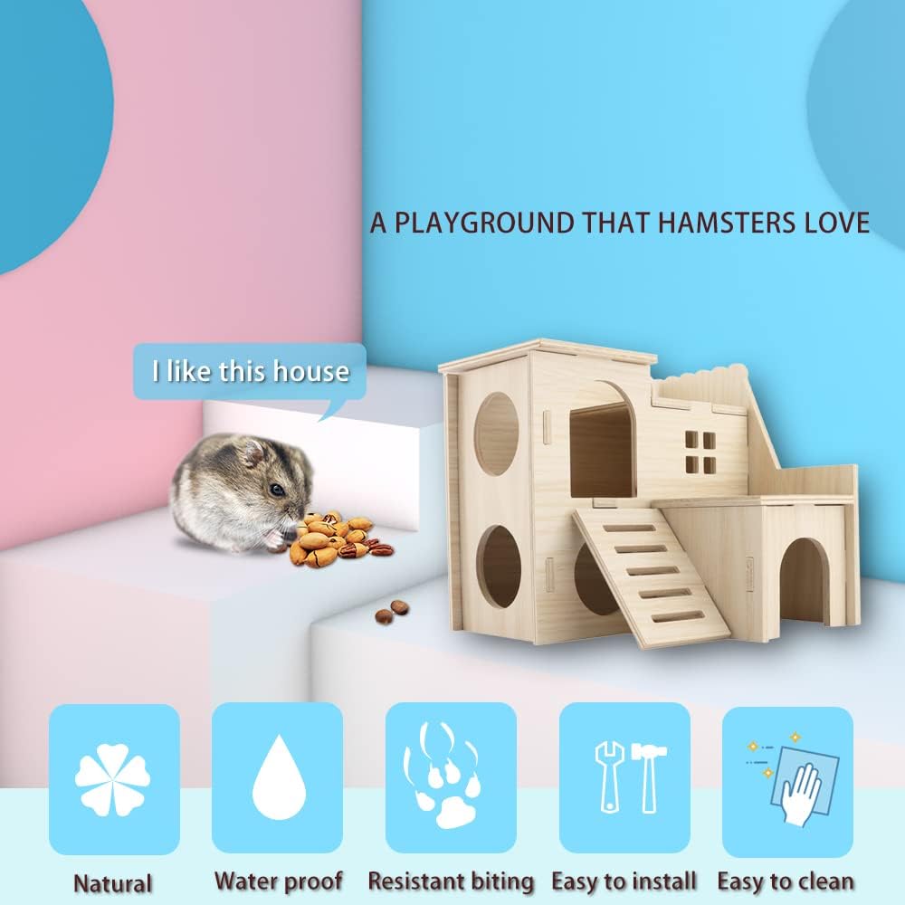 Tiny Hamster Maze Wood House Fun Slide House Double-Decker Hut for Dwarf Gerbil Mouse Mice Rat Small Animals(Only for Small Hamster)