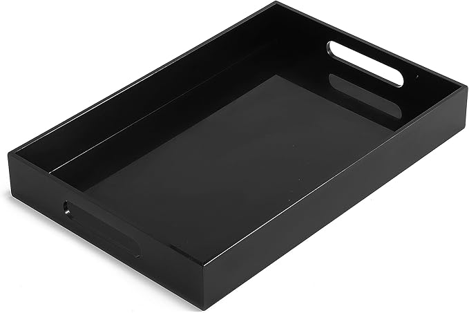Glossy Black Sturdy Acrylic Serving Tray with Handles-10x15Inch-Serving Coffee,Appetizer,Breakfast,Butler-Kitchen Countertop Tray-Makeup Drawer Organizer-Vanity Table,Ottoman Tray-Decorative