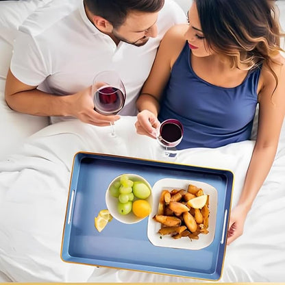 Large Blue Coffee Table Tray, Decorative Serving Tray with Handles, Plastic Rectangular Tray for Ottoman, Bathroom, Living Room.16.7"*12"*1.6"