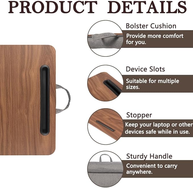 Portable Laptop Desk Fits Up to 16“ Laptops, with Tablet Slot, Built-in Cushion, Great for Home & Office,Lap Desk for Laptop,Lap Desk with Cushion (Brown, Medium)