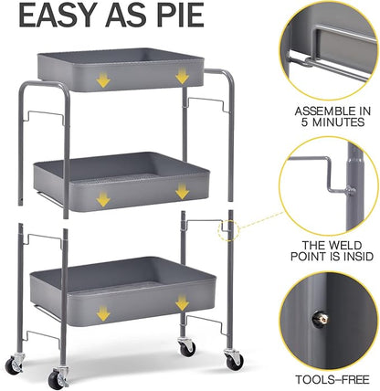 TOOLF 3-Tier Metal Rolling Cart