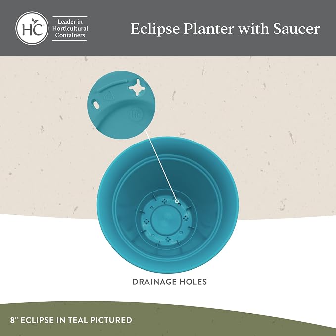 The HC Companies 16 Inch Eclipse Round Planter Pots with Drainage Holes & Attached Saucer, Lightweight UV-Resistant Plastic Indoor & Outdoor Planters, 2-Pack Flower Pots for Garden & Home Decor, Teal