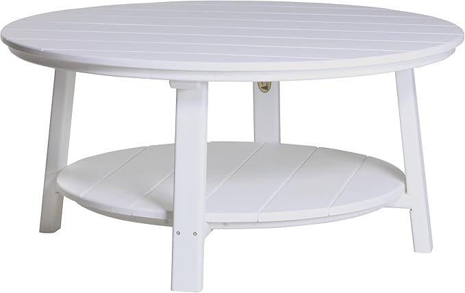 LuxCraft Deluxe Poly Round Outdoor Coffee Table, Two Tier Coffee Table, Round Conversation Tables for Outside Patio with Lower Shelf - Amish Made in USA (White)