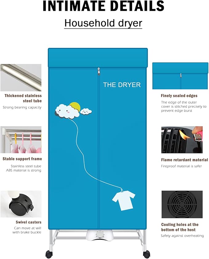 Portable Dryer, 110V 1000W Electric Clothes Dryer Machine, Double Layer