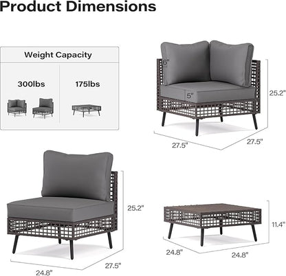 LAUSAINT HOME 5 Pieces Outdoor Sectional Sofa Set, All-Weather PE Wicker Rattan Patio Conversation Set with Thick Cushions & Coffee Table, Patio Furniture Set for Garden, Backyard, Porch (Grey)