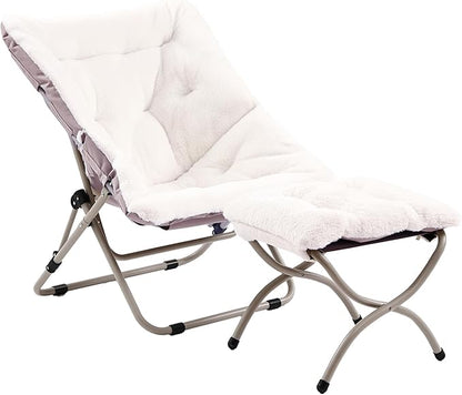 Givjoy Comfy Folded Chair with Ottoman, Oversized Folding Faux Fur Chair Soft Furry Lounge Lazy Chair with Metal Frame Moon Chair Accent Chair for Bedroom, Living Room, Dorm Rooms