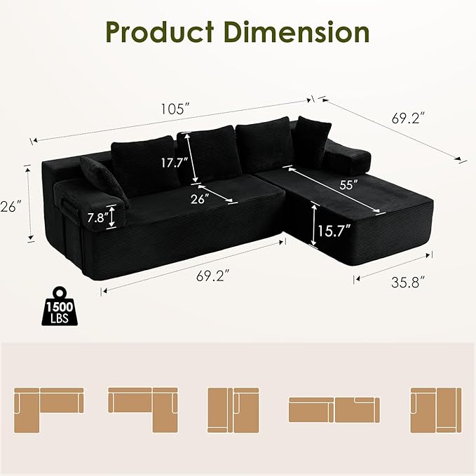 105" L-Shaped Modular Sectional Sofa with L-Shaped Boneless Couch, Cloud Couches for Living Room with Removable Arms, Convert Left/Right Facing, Plush Corduroy, No Assembly, Black