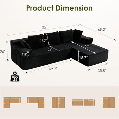 105" L-Shaped Modular Sectional Sofa with L-Shaped Boneless Couch, Cloud Couches for Living Room with Removable Arms, Convert Left/Right Facing, Plush Corduroy, No Assembly, Black