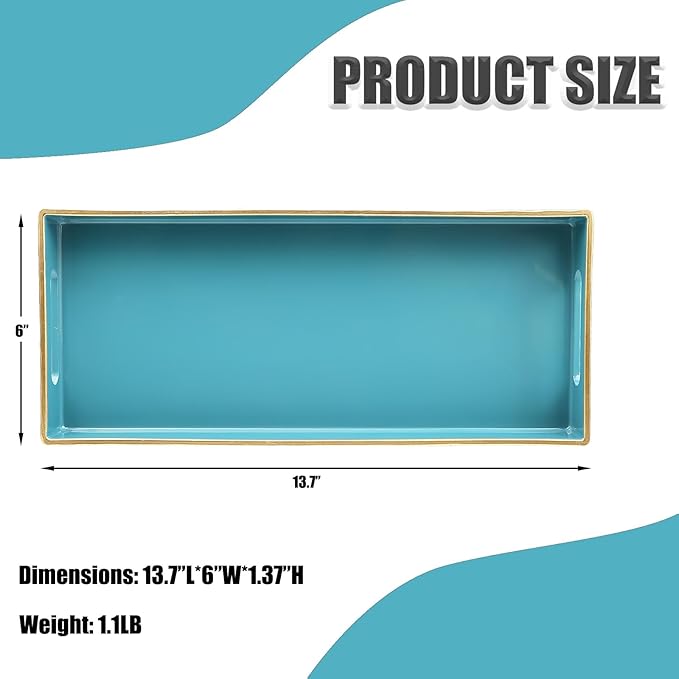 Teal Blue Vanity Tray with Handles, Decorative Tray Desktop Storage Organizer for Bathroom, Living Room, 5.9"*13.7"