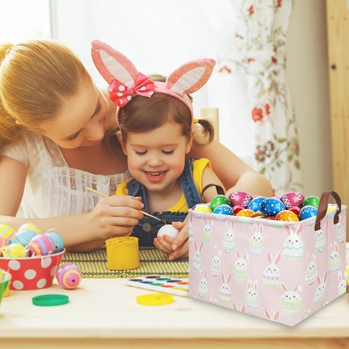 FXOLCSHE Rectangular Easter basket,Girl Easter basket,Nursery Hamper,Kids Toy Storage Basket for baby Bedroom,Kids Storage Bin,Toy Gift Organizerm,Home Decor(Pink Easter)