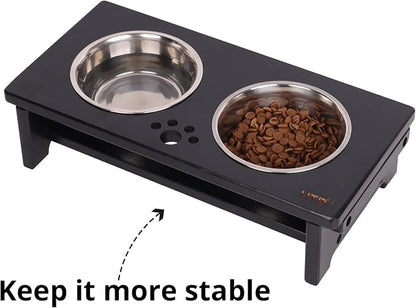 HTB Elevated Dog Bowl Stand with 2 Stainless Steel Bowls-4" H Small Black | Raised Dog Bowl Stand, 4"tall, 21 Oz Bowls, for Small Sized Dogs, Pet-safe, Solid Bamboo