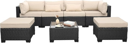 Lviden 7 Pieces Outdoor PE Wicker Furniture Set Patio Rattan Sectional Conversation Sofa Set with Khaki Cushions and Glass Top Table