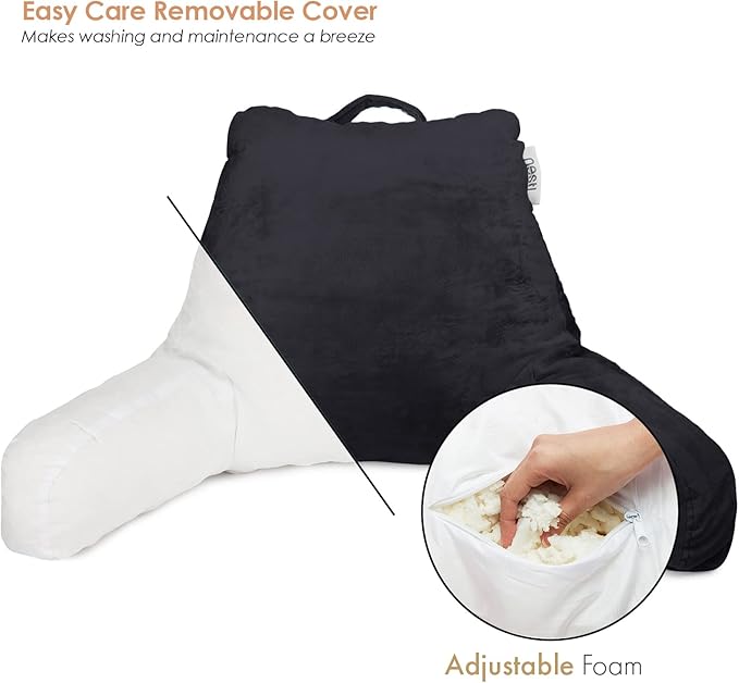 Nestl Reading Pillow with Shredded Memory Foam, Designed for Sitting Up in Bed and Couch, Back and Arms Adjustable Support for Adult & Teens Backrest Pillows for Reading, with Washable Cover Black