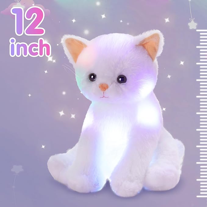 Houwsbaby Light up Cat Stuffed Animal LED Glowing Kitty Plush Toy Floppy Kitten Toy Night Lights Birthday Presents for Kids Toddler Girls, White, 12''