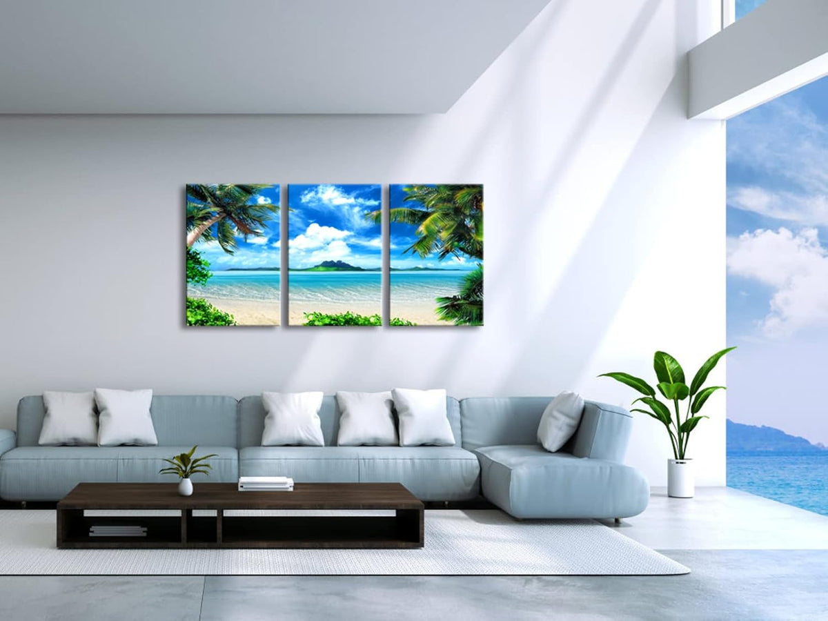 Wieco Art 3 Piece Blue Sea Beach Canvas Prints Modern Stretched Wall Art Seascape Pictures Paintings for Living Room Bedroom Home Decorations Modern Landscape Artwork