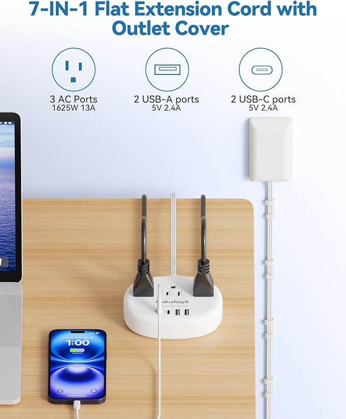 Flat Extension Cord with Outlet Cover & Cable Clips- 10 FT, 1625W Child Proof