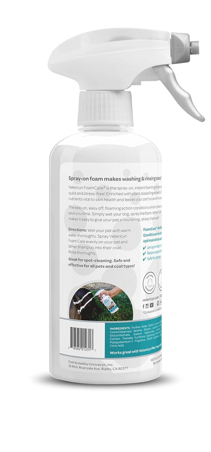 Vetericyn FoamCare Dog Shampoo and Conditioner - Instant Foaming, Spray-On Hypoallergenic Shampoo, Plant-Based Formula for Dogs and Cats. 16 Ounce