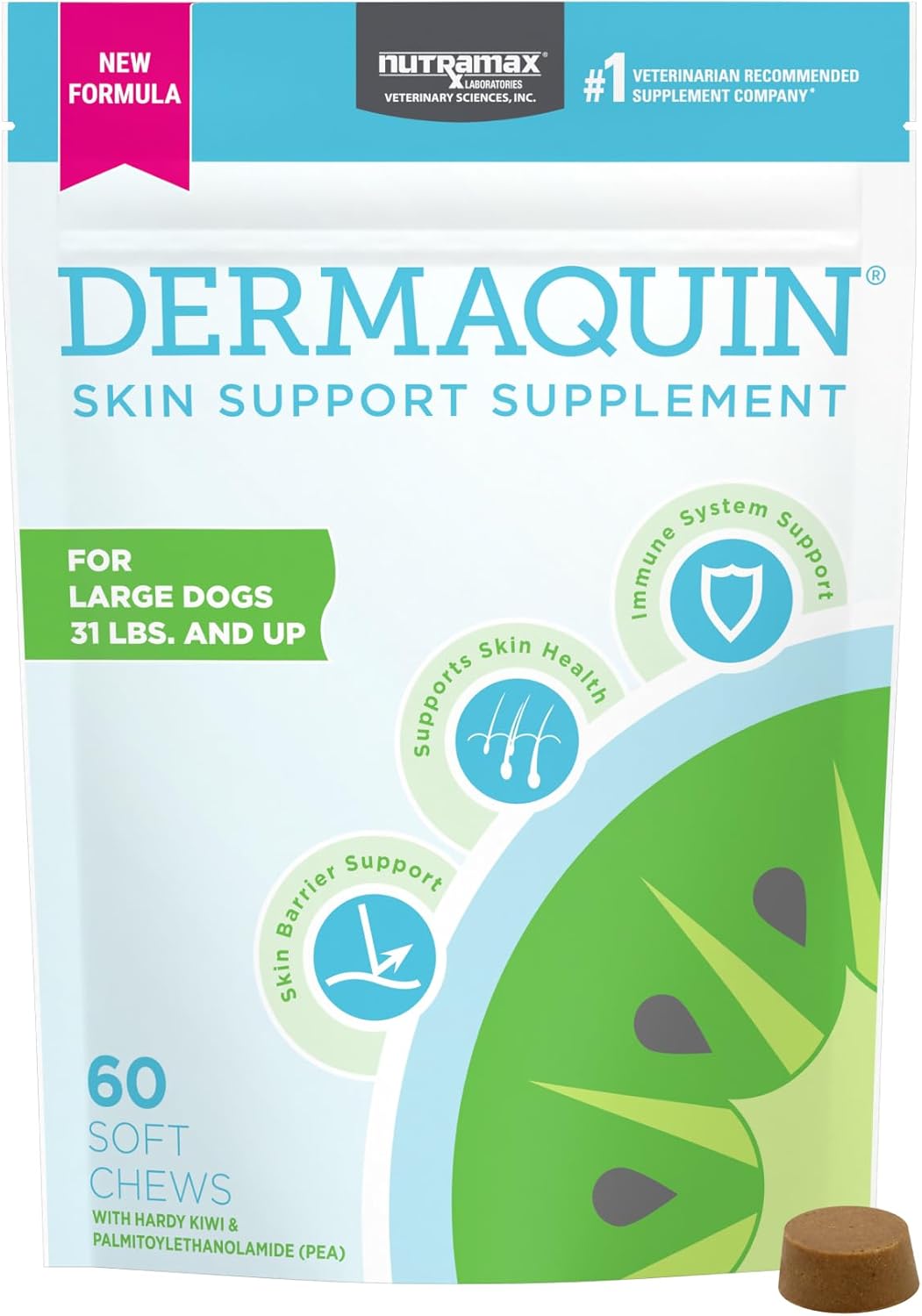 Nutramax Dermaquin Skin Support Supplement for Large Dogs, Supports Healthy Response to Allergens, with Hardy Kiwi, Omega-3s, and More, Tasty Soft Chews, 60 Count