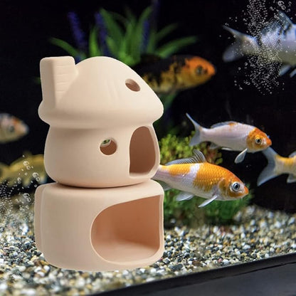 Saim Mushroom with Cave Fish Tank Decor Set, Ceramics Aquarium Shrimp Cave, Betta Hideout Decoration, Cottage Ornament Goldfishes for Fish Tank Landscape Decor - Beige