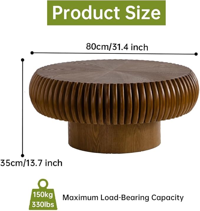 Brown Round Coffee Table for Living Room Round Fluted Drum Coffee Table Modern Walnut Fluted Coffee Tables for Living Room (Walnut, 31.4 inch)