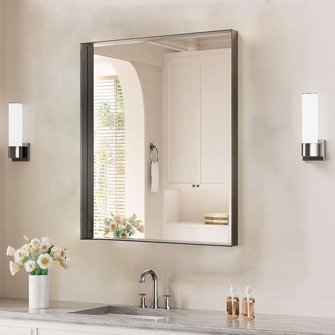 Koonmi 20x30 Inch Black Metal Framed Bathroom Mirror