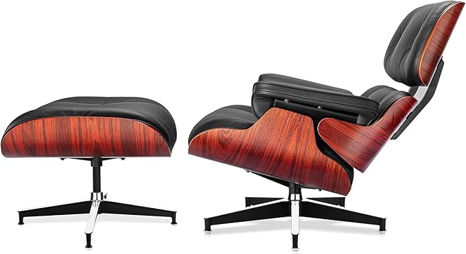 Top Black Grain Leather, Mid Century Chaise Lounge Chair and Ottoman, Modern Chair Classic Design, Red Rosewood, Heavy Duty Base Support for Living Room Office