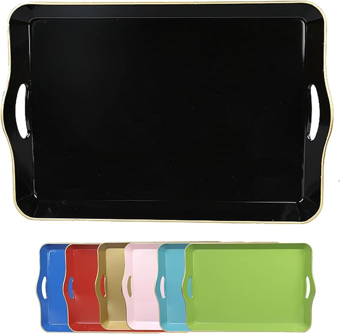 Black Decorative Tray for Coffee Table with Handles, Plastic Rectangular Serving Tray for Living Room, Bathroom, Outdoors, 11.8"*17.3"