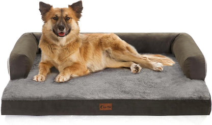 Waterproof Orthopedic Dog Beds Large, Egg-Crate Foam Dog Couch, Comfy Bolster Pet Bed with Removable Washable Cover, Nonskid Bottom (Large, Dark Green)