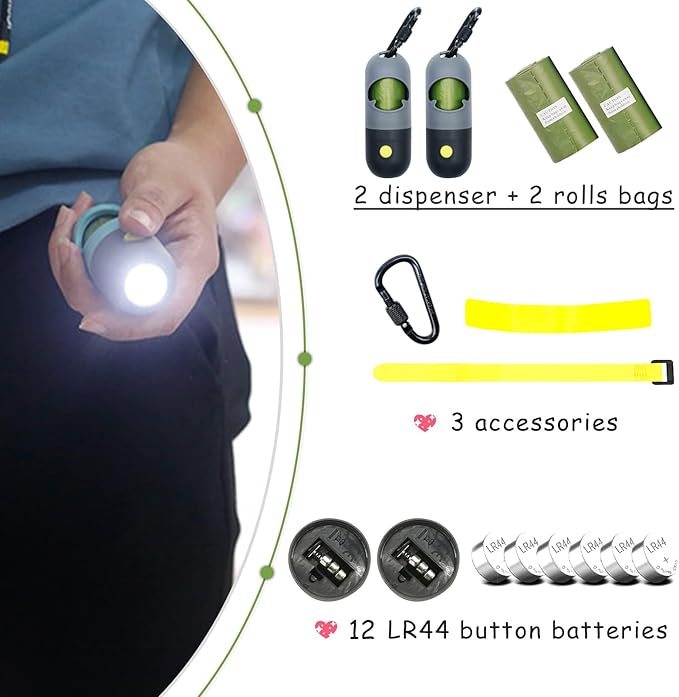 2 Pack Poop Bag Holder with Flashlight Waste Bag Dispenser for Leash with Clip and Battery Poop Bag Dispenser with Green Scented Poop Bags for Dog Walking(Black,2 Dispenser 60 Bags)