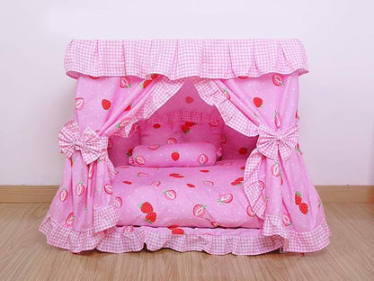 Princess Pink Strawberry Pet Dog Cat Handmade Bed House+1 Candy Pillow Canopy (S)