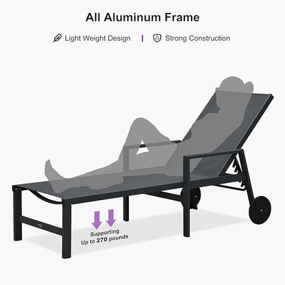 PURPLE LEAF Outdoor Chaise Lounge Set for 2 Aluminum Patio Chaise Lounger Chair with Armrest Adjustable Pool Chaise Lounge Chair for Beach Yard Poolside Table Included, Dark Grey