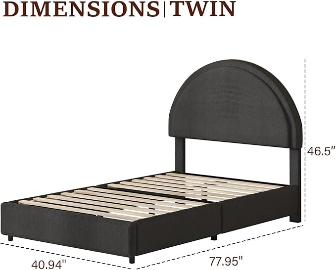 Twin Size Bed Frame, Boucle Upholstered Platform Bed with Headboard, Cloud Bed Frame with Soft Rounded Corners, No Box Spring Required, Easy Assembly, Dark Grey