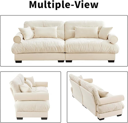 93.7” Loveseat Sofa, 2 Seater Modular Sectional Sofa, Beige White Large Sectional Couches for Living Room, Fluffy Couch Set, Love Seat, Velvet Cloud Couch with 4 Pillows, Deep Seat for Living Room